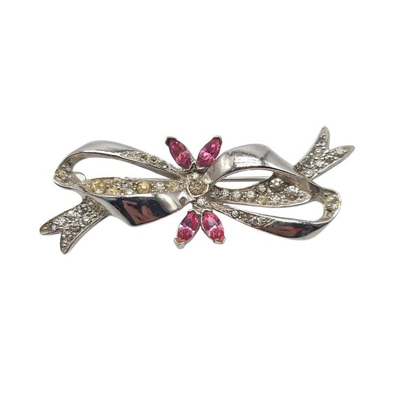 Vintage Silver Rhinestone Bow Brooch Pin With Pink and Clear Crystals - Picture 1 of 4